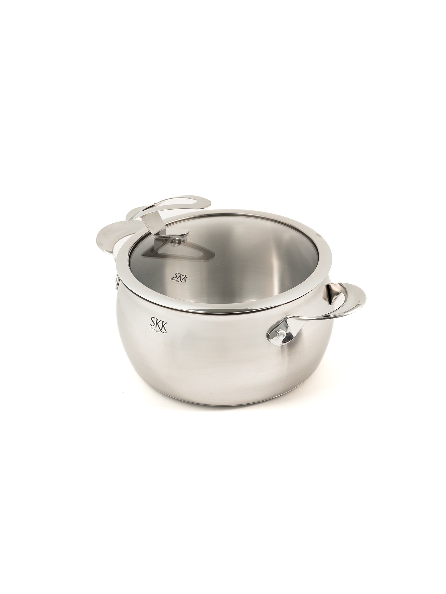 SKK German stainless steel pot with glass lid - angled view