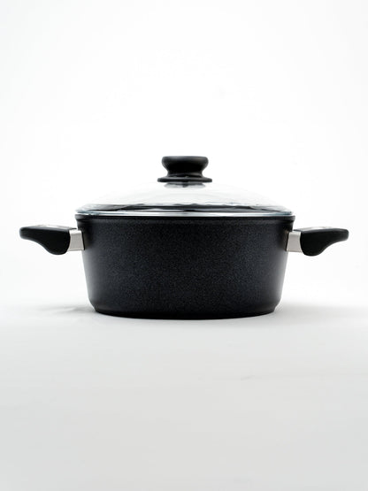 SKK Lightweight cooking pot with glass lid and side handles - side view