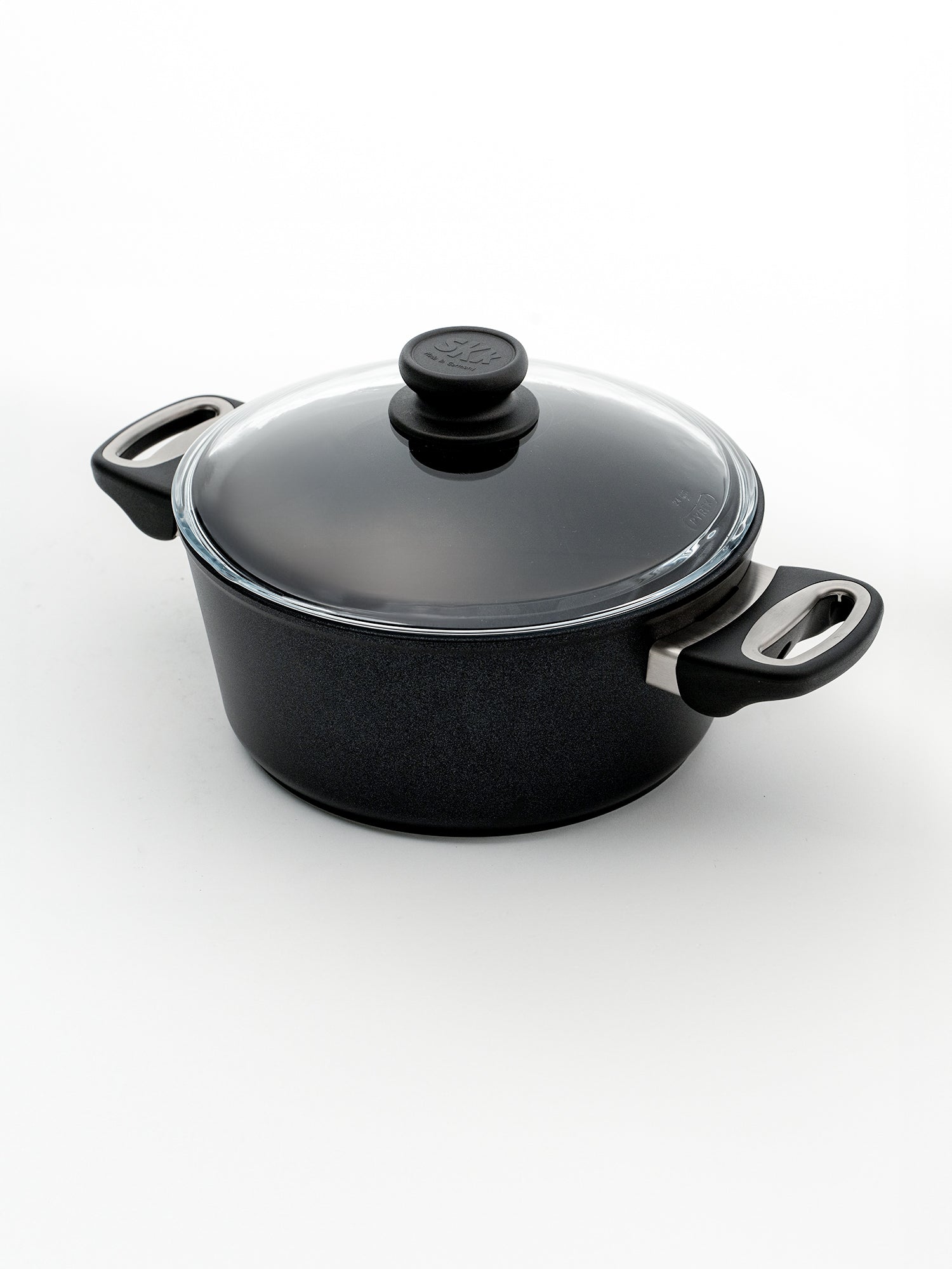 SKK Lightweight German titanium cooking pot with glass lid - angled view