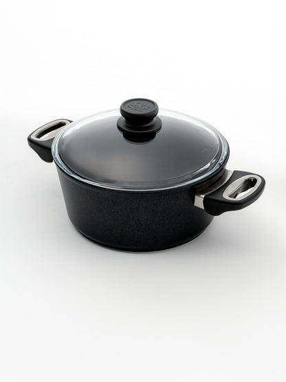 SKK Lightweight German titanium cooking pot with glass lid - angled view