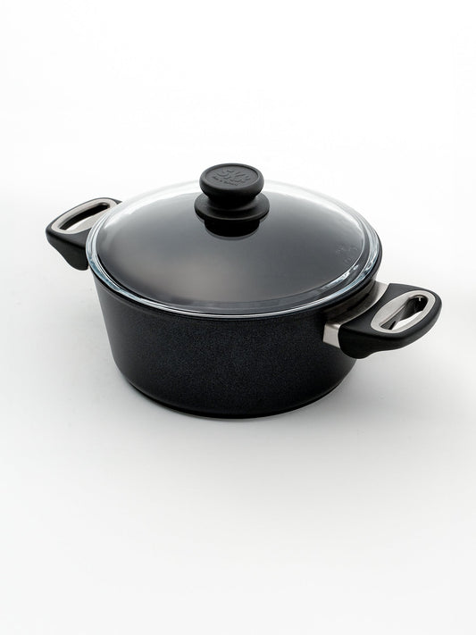 SKK Lightweight German titanium cooking pot with glass lid - angled view