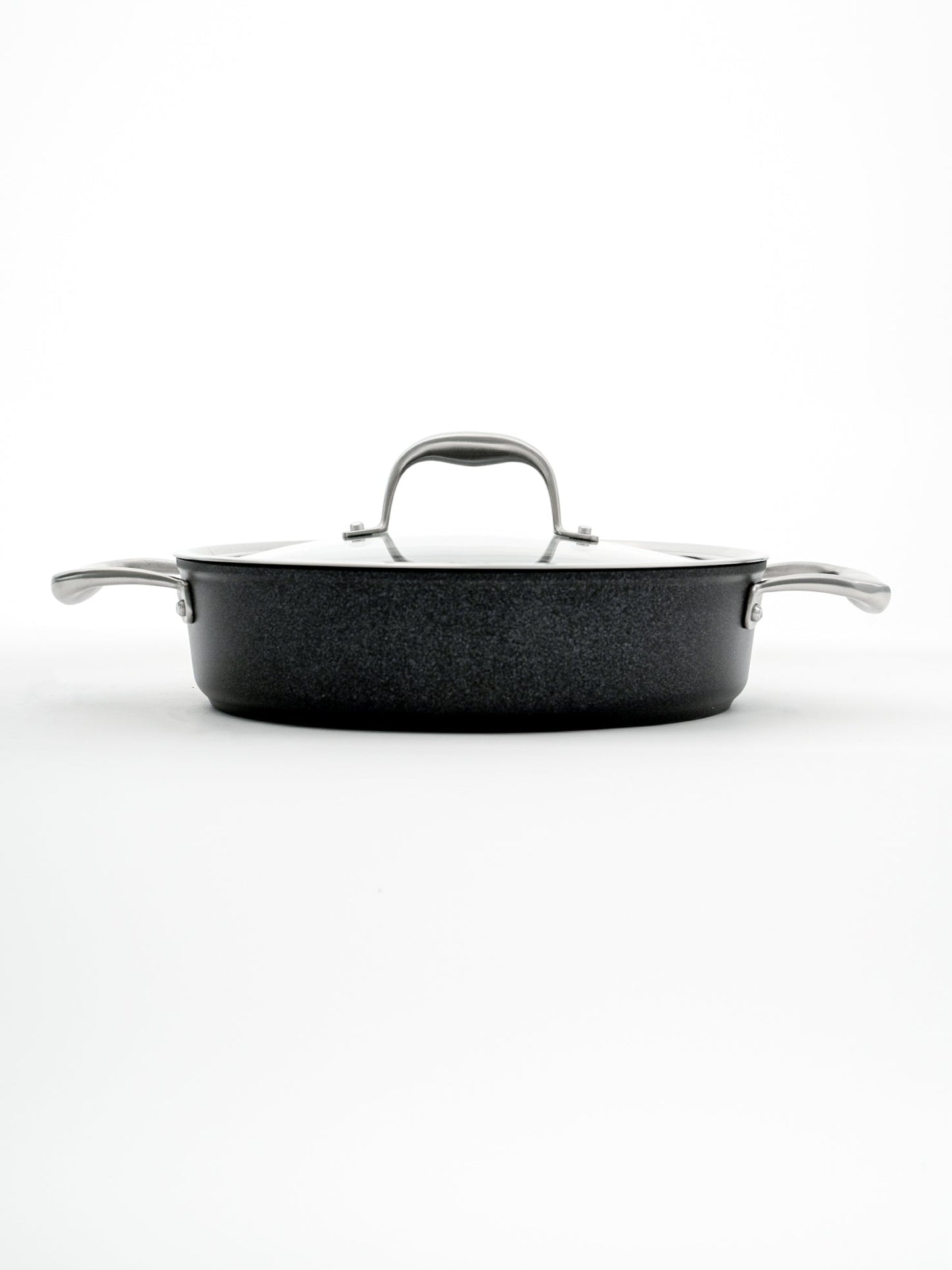 SKK Lightweight round serving pan with stainless steel handles - side view