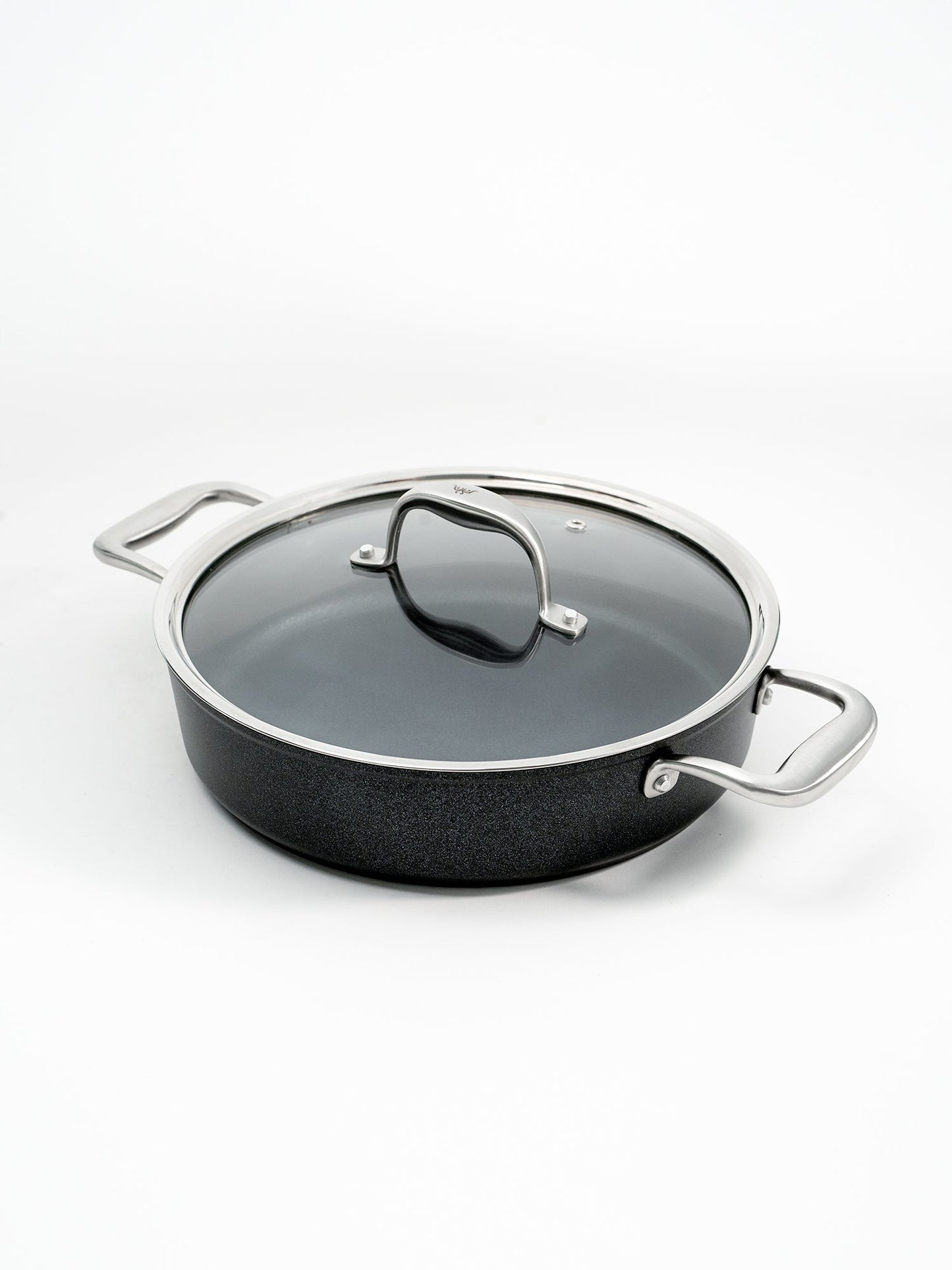 SKK Lightweight German titanium round serving pan with glass lid - angled view