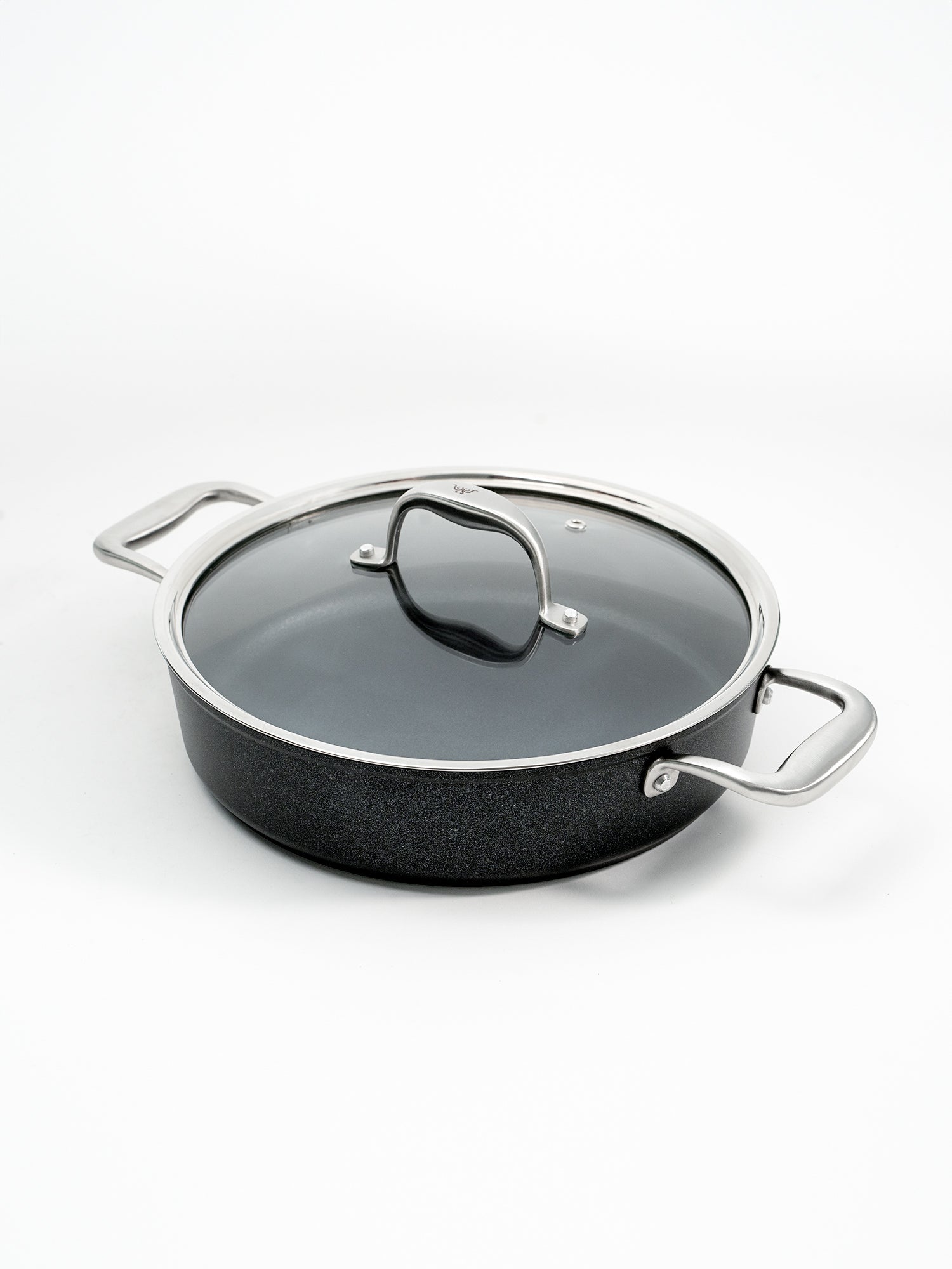 SKK Lightweight German titanium round serving pan with glass lid - angled view
