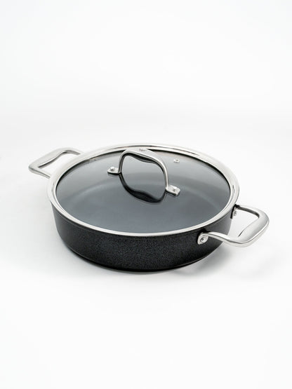 SKK Lightweight German titanium round serving pan with glass lid - angled view