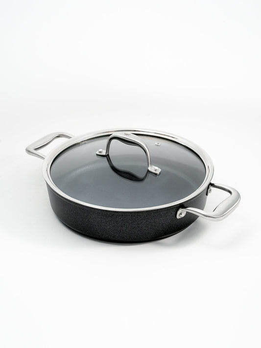 SKK Lightweight German titanium round serving pan with glass lid - angled view