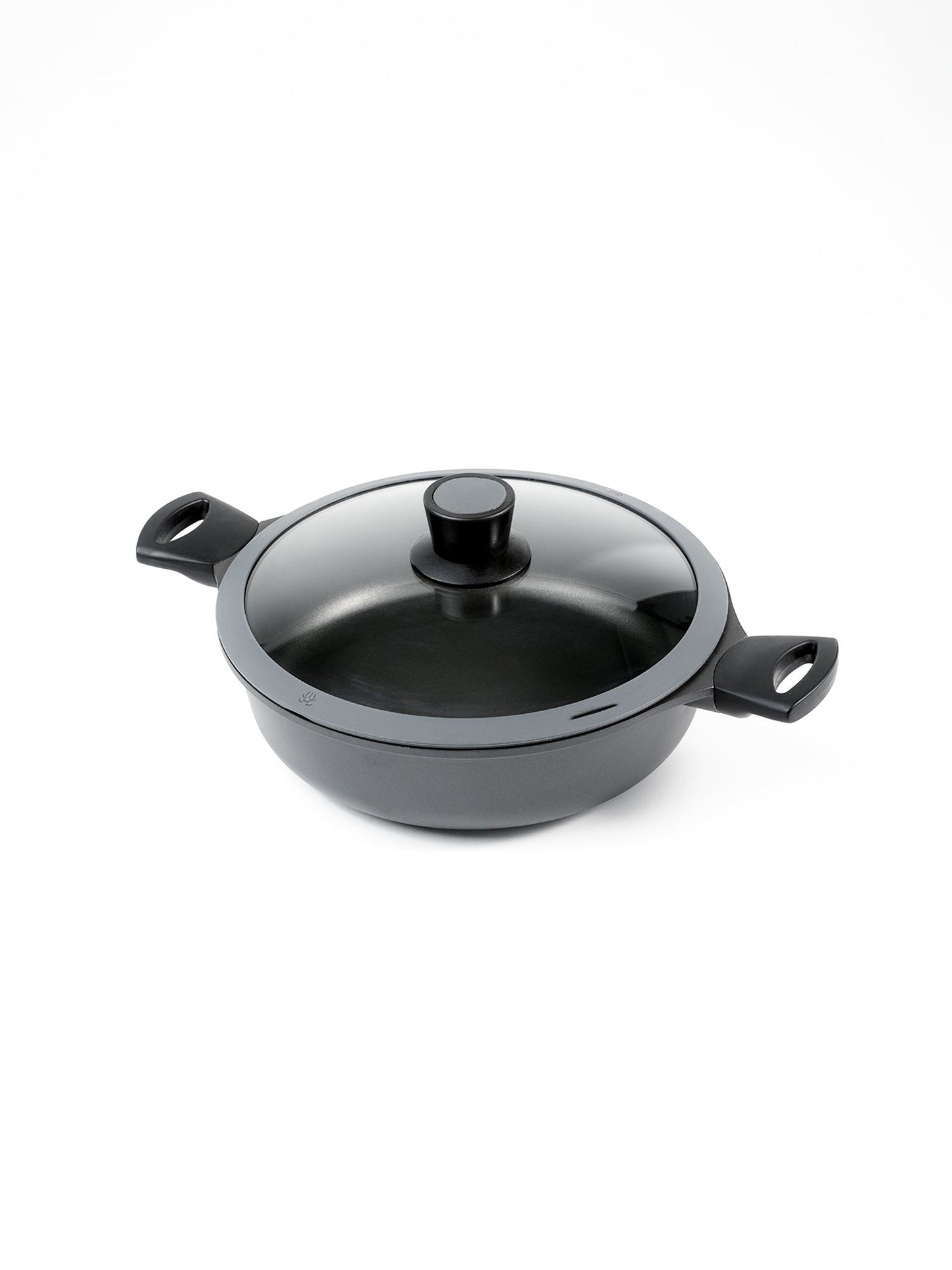 SKK Allrounder German titanium serving pan 28cm with glass lid - angled view