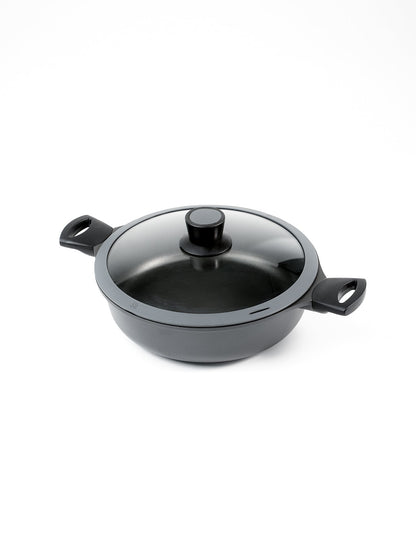 SKK Allrounder German titanium serving pan 28cm with glass lid - angled view