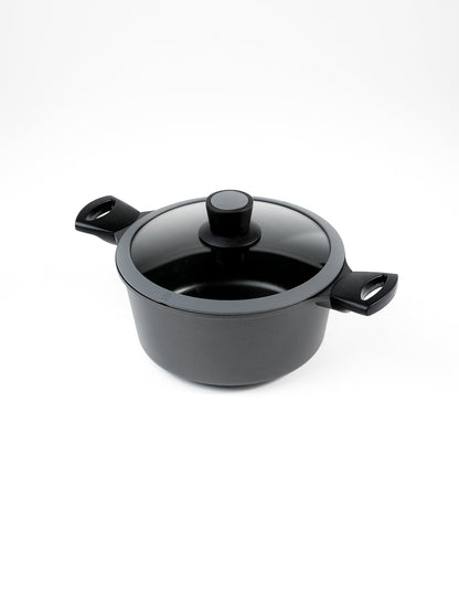 SKK Allrounder German titanium cooking pot with glass lid - angled view