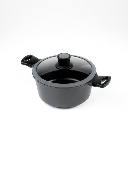 SKK Allrounder German titanium cooking pot with glass lid - angled view