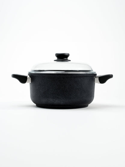SKK Classic tall cooking pot with glass lid, side profile showing depth